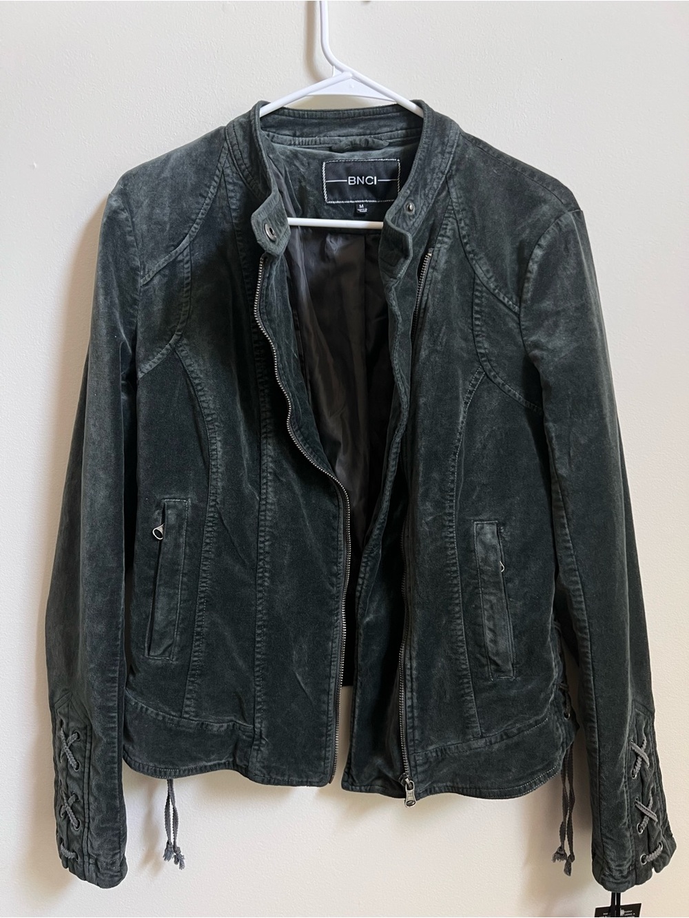 BNCI Blanc Noir Gray Crushed Velvet Moto Jacket Lace-Up Asymmetrical Zip M NWT